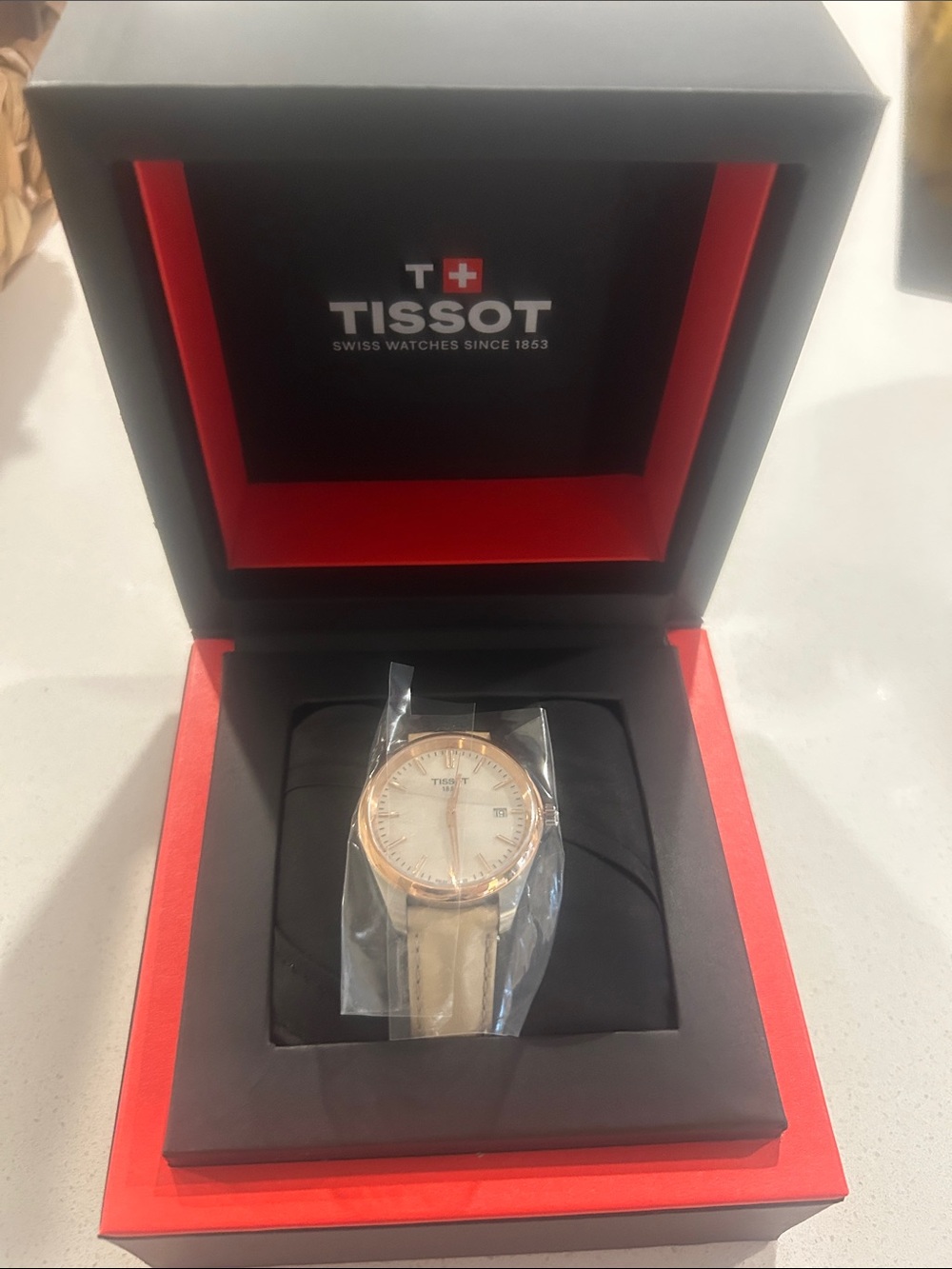 Tissot Rose Gold-Tone Case Watch with Cream Leather Strap